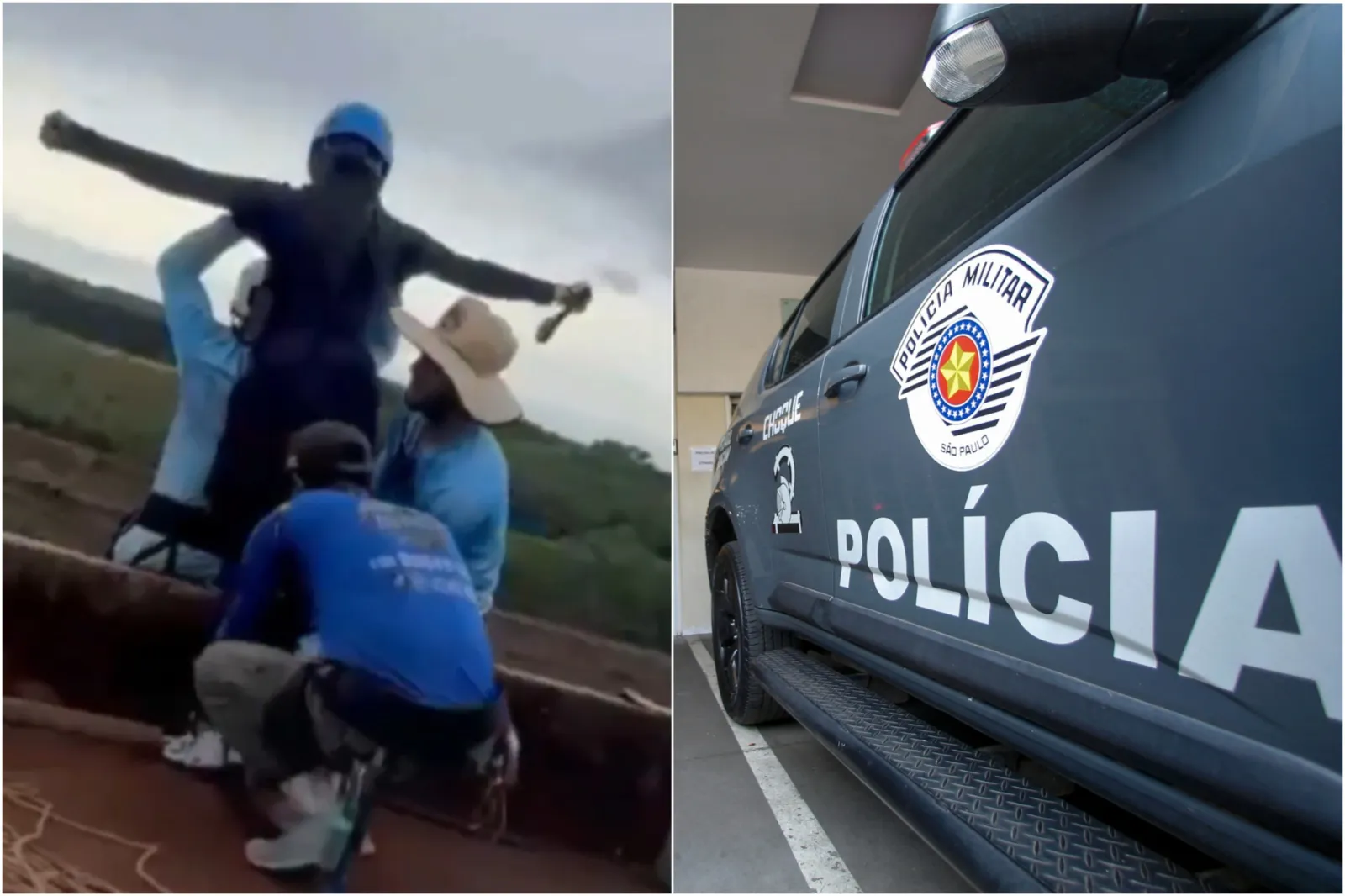 This split image shows a screengrab of a woman jumping from Skeleton Bridge, in Limeira in southeastern Sao Paulo who fell to her death on June 13. Police in Sao Paulo have charged three men in connection with the death. (Photo credit: Screengrab via X and photo from Getty Images).