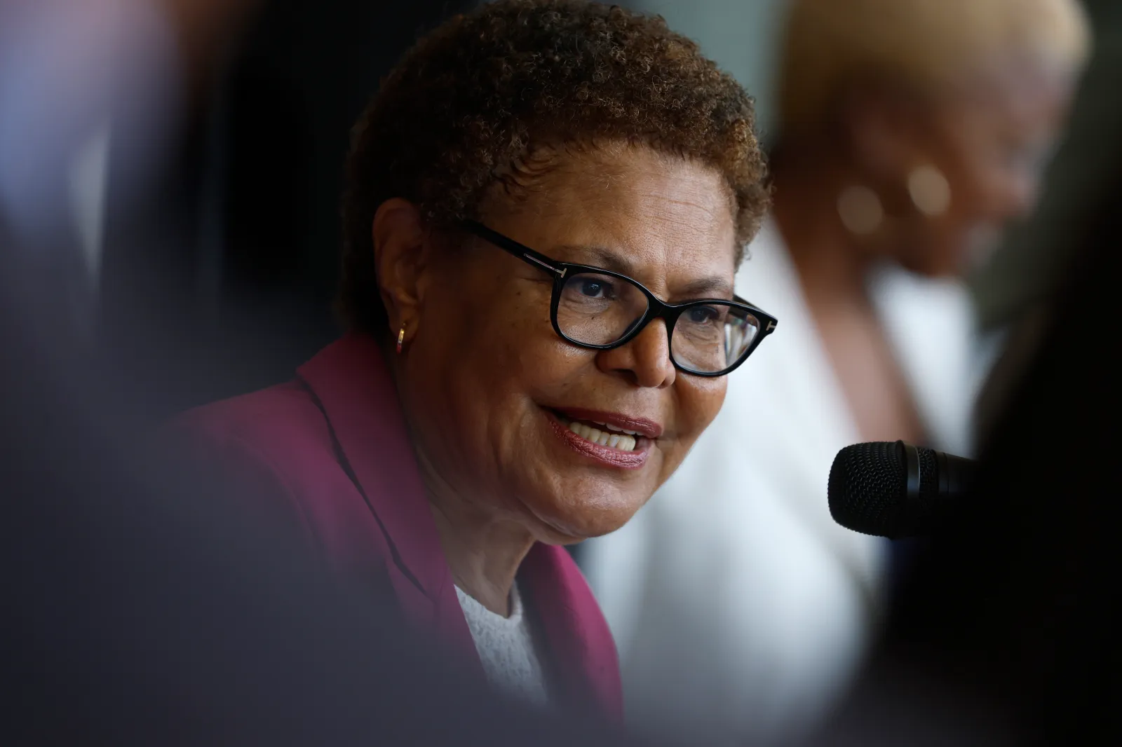 Los Angeles Mayor Karen Bass speaks during a campaign rally at East End Studios on June 9, 2026, in Los Angeles, California.
