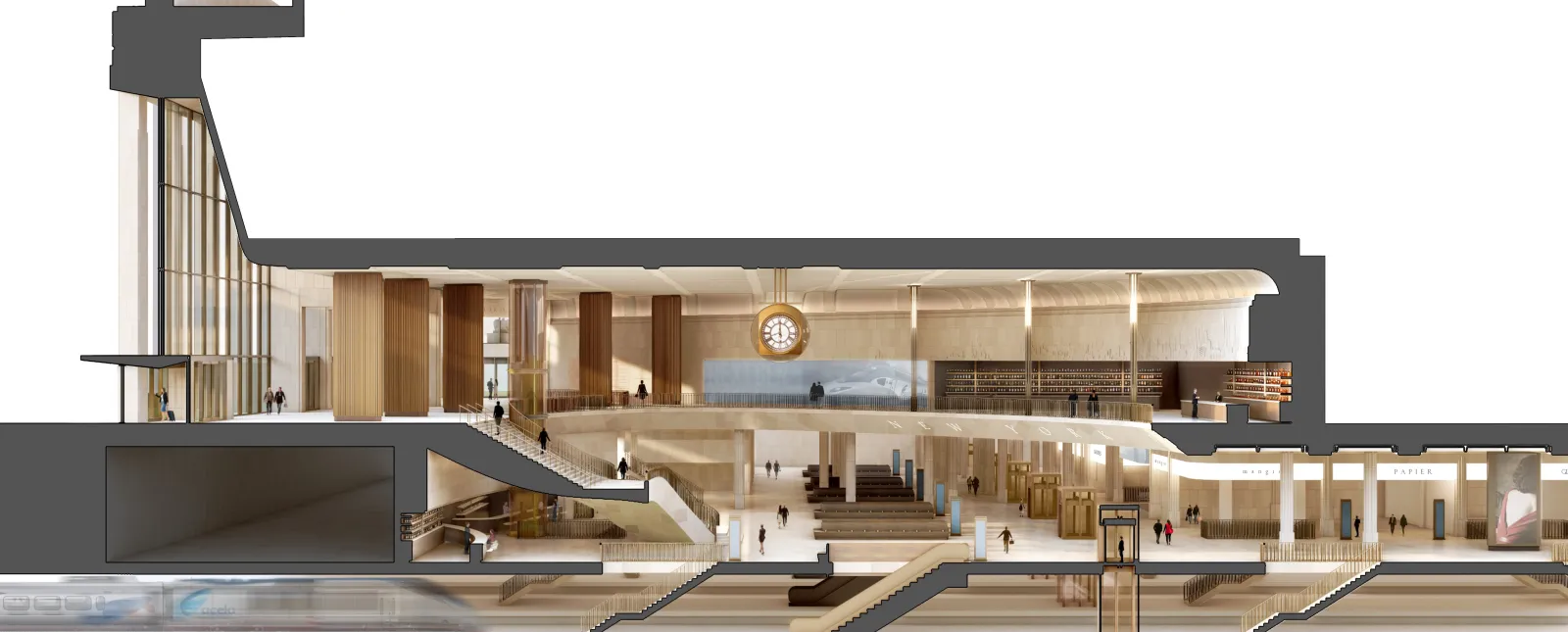 A rendering of a section view of the concourse level of the new Penn Station.