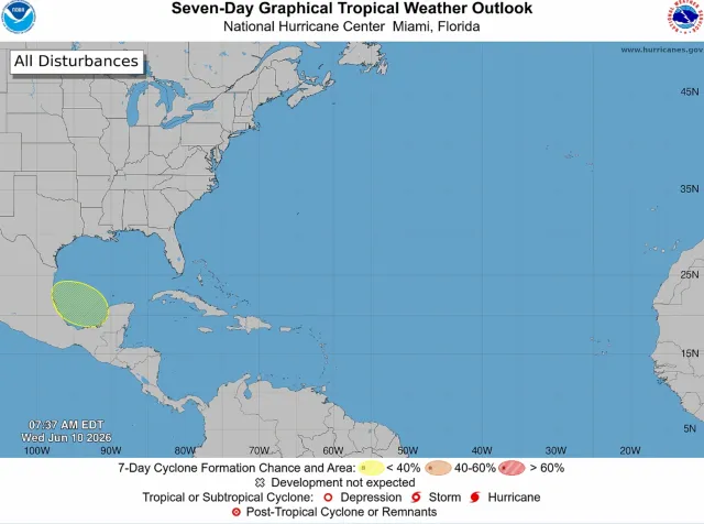 A map from the National Hurricane Center shows the location of a tracked disturbance that has a low chance of strengthening into Tropical Storm Arthur.