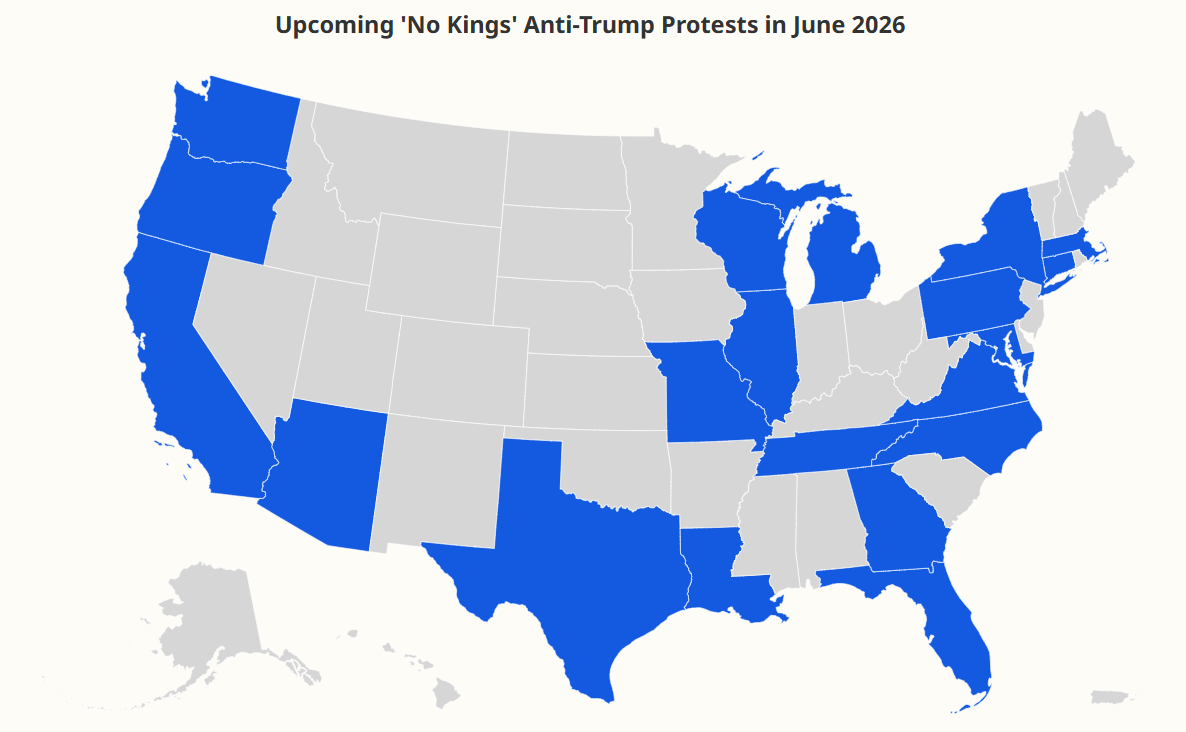 Map Shows Upcoming 'No Kings' Anti-Trump Protests This Month