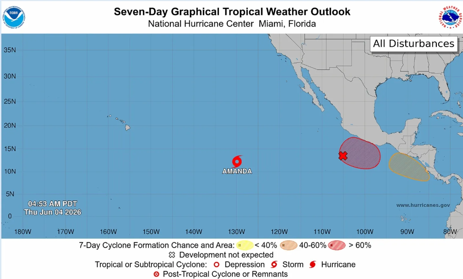 A map from the NHC shows Tropical Storm Amanda and the two other disturbances the NHC is tracking as of Thursday.