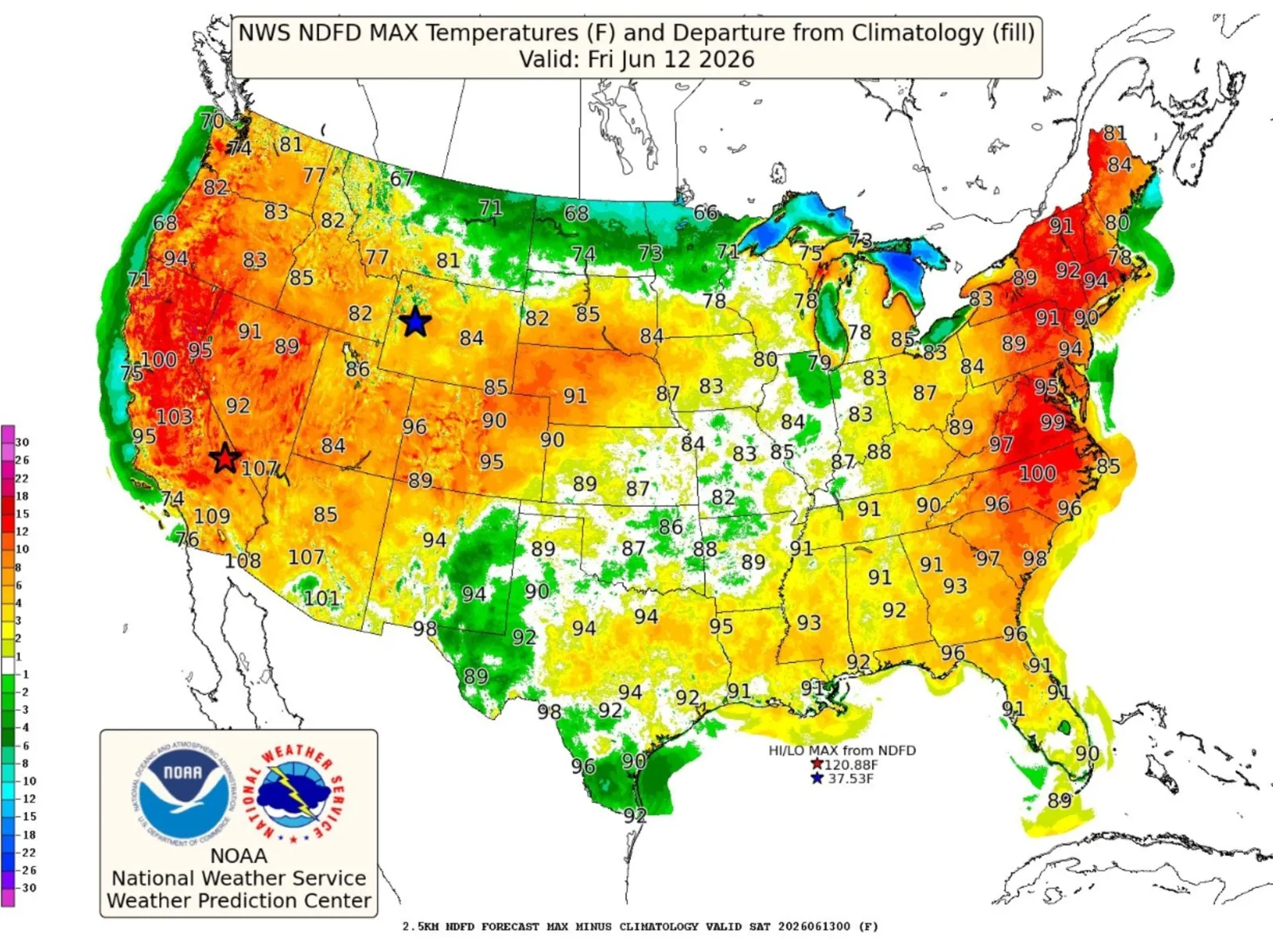 Heat wave map across United States showing intense red zones in the Southwest