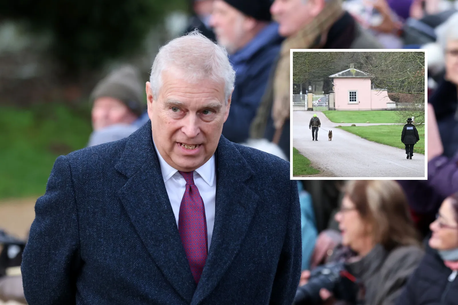 Andrew Mountbatten-Windsor in Norfolk, England, on December 25, 2022. Inset: The gates of his former home, Royal Lodge.