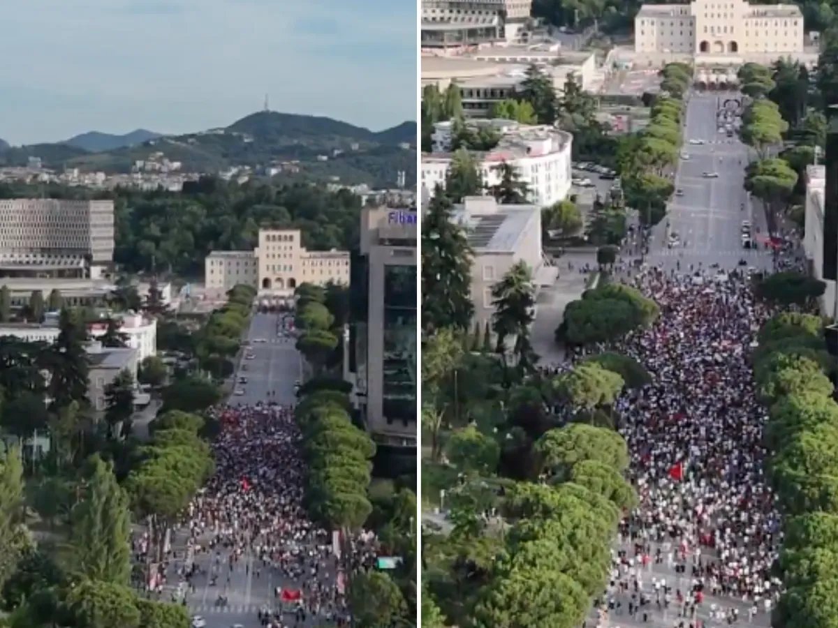 Two screenshots from a video shared by Edi Rama on X, which he said was of a protest against a massive coastal development project linked to Jared Kushner, President Donald Trump's son-in-law.