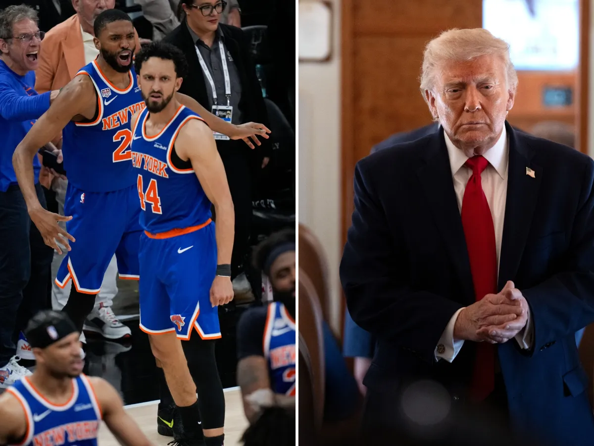 The New York Knicks, left, celebrate after Game 2 of the NBA Finals basketball series against the San Antonio Spurs on June 5, 2026, in San Antonio; President Donald Trump, right, aboard Air Force One on June 5, 2026.