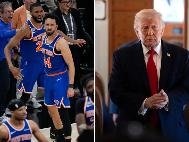The New York Knicks, left, celebrate after Game 2 of the NBA Finals basketball series against the San Antonio Spurs on June 5, 2026, in San Antonio; President Donald Trump, right, aboard Air Force One on June 5, 2026.