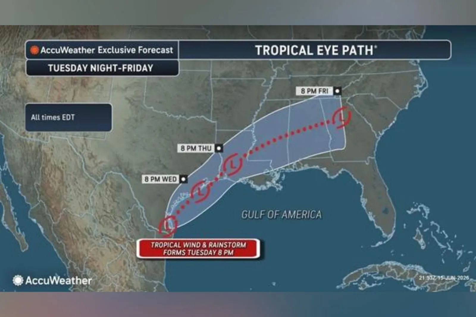 AccuWeather's forecast map shows the system's potential path.