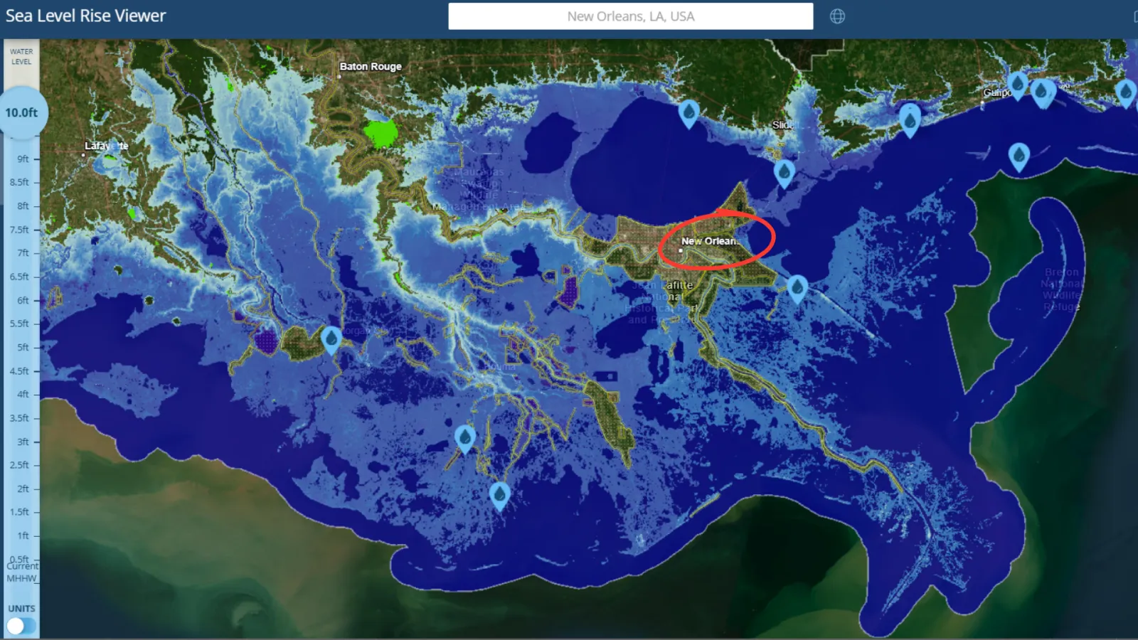 A screenshot of a National Oceanic and Atmospheric Administration (NOAA) map showing which areas of and around New Orleans would be underwater if there were a 10-foot (3-meter) sea level rise.