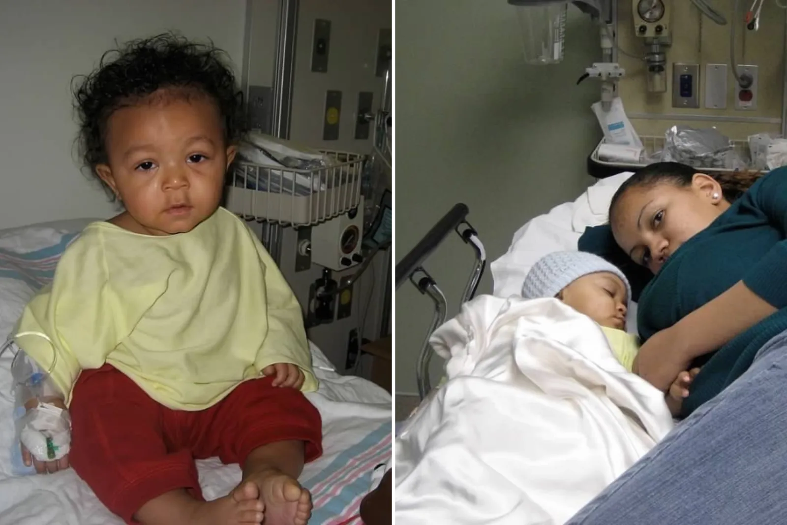 Tiffany Whitlow's son in the hospital, left, and Whitlow lying next to her son in the hospital.