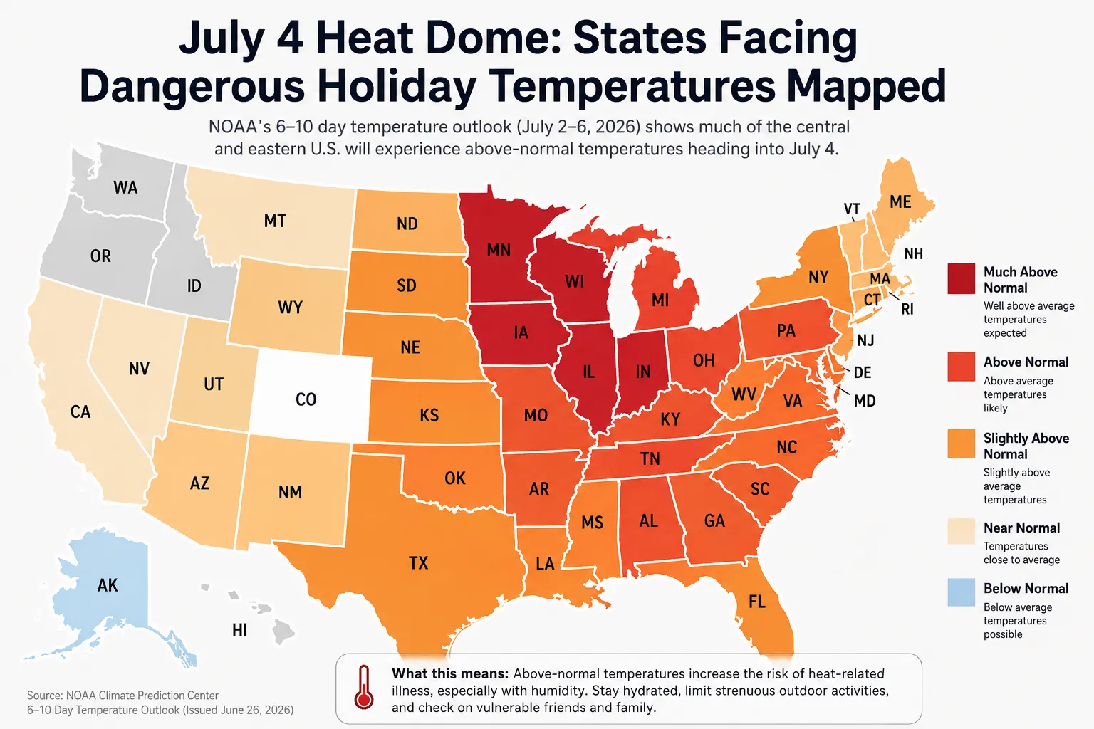 A Newsweek map shows which states are facing dangerous temperatures over the July 4 holiday.