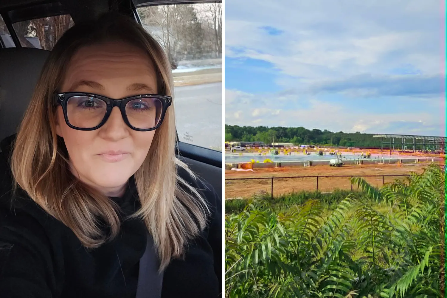 Charcie Chavis, left, who lives in Catawba County, North Carolina. With a picture of the data center construction near her home, right.