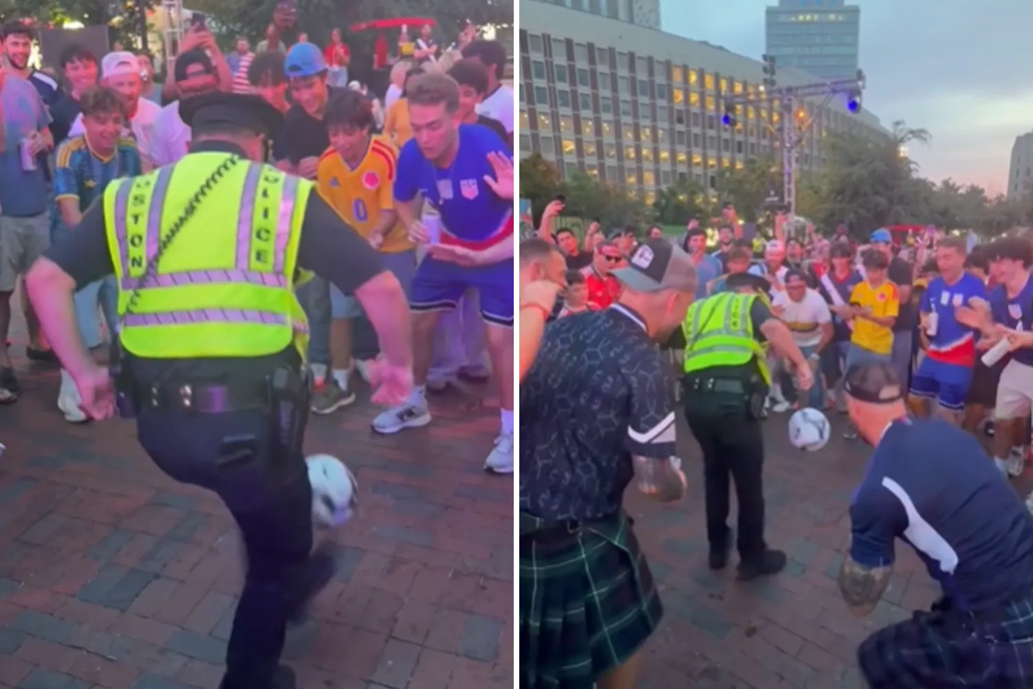 Pictures of a Boston PD officer playing soccer with Scottish fans in the streets on Boston.