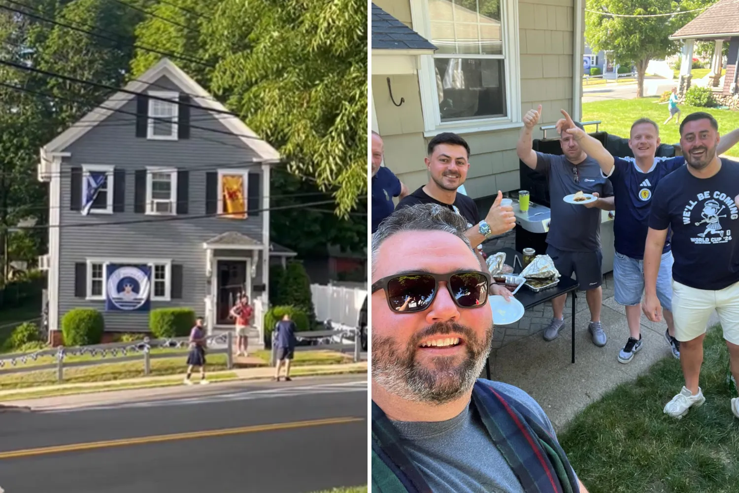 The Scottish fans playing pipes at 6:30 a.m. on a Boston street, left, and Mike Morrison with the fans after he invited them for food, right.