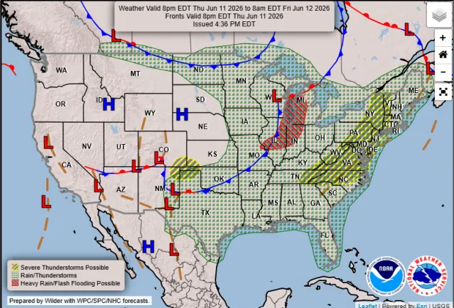 NWS map from the Weather Prediction Center shows incoming storms