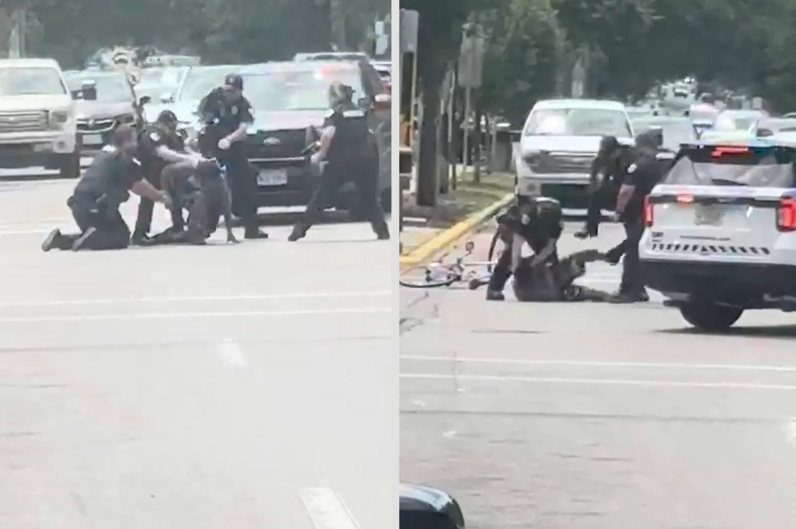 Three officers are seen in a struggle with the man as a fourth officer approaches and appears to deploy a Taser. Seconds later, an officer fires three shots.