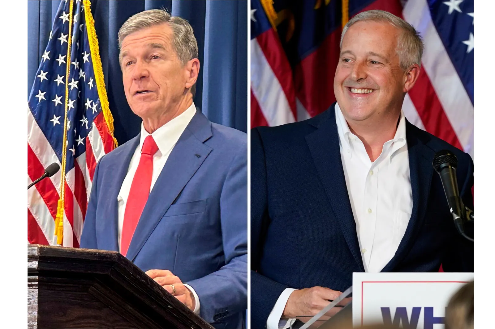 North Carolina U.S. Senate candidate Roy Cooper, left, a Democrat, is shown in Raleigh on October 23, 2024, while his Republican foe Michael Whatley, right, is pictured in Gastonia on July 31, 2025. (AP Photo/Gary D. Robertson, Erik Verduzco, file)