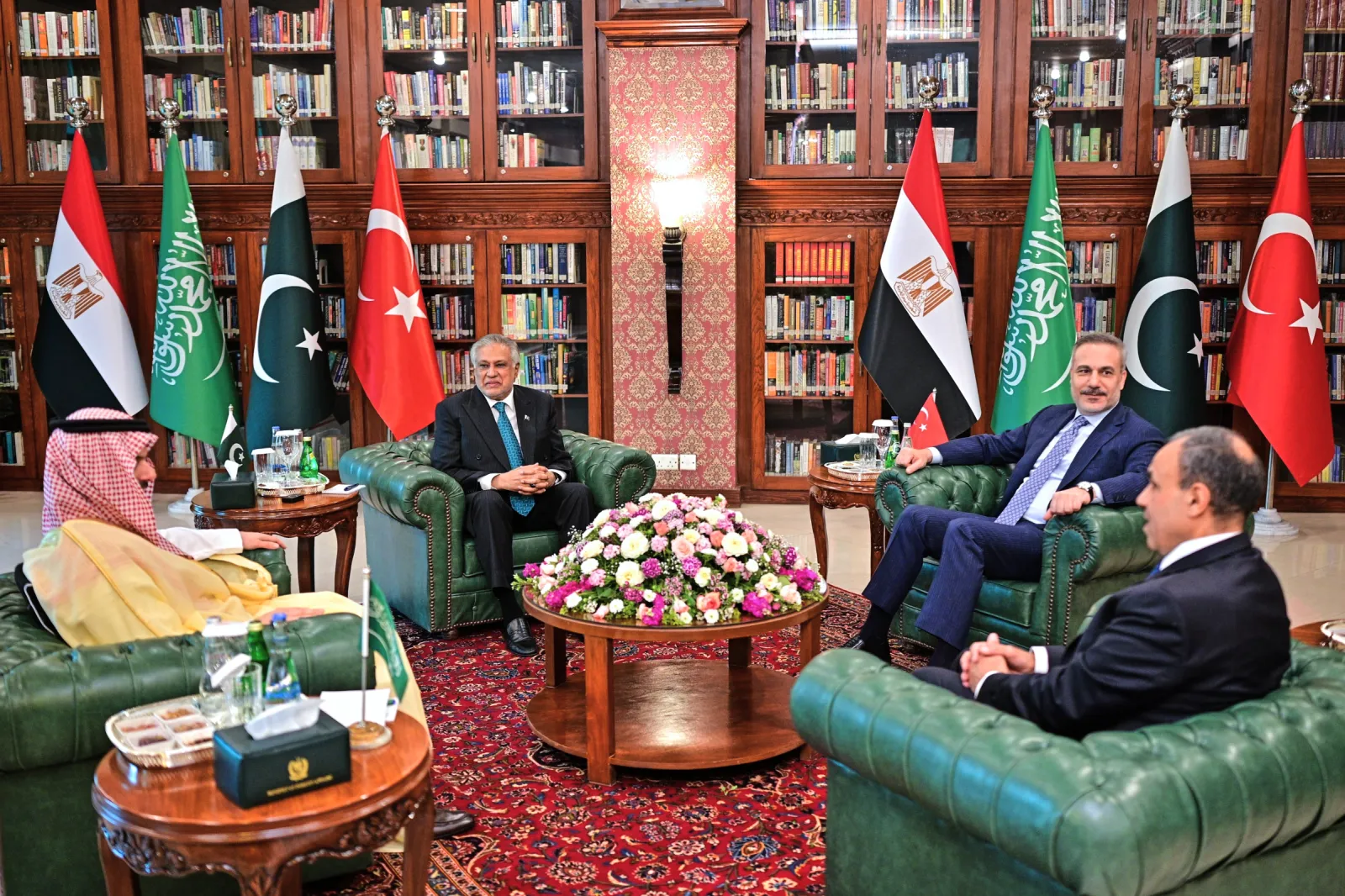 In this photo, released by the Pakistan Ministry of Foreign Affairs, from left, Saudi Arabian Foreign Minister Prince Faisal bin Farhan Al-Saud, Pakistani Foreign Minister Ishaq Dar, Turkish Foreign Minister Hakan Fidan and Egyptian Foreign Minister Badr Abdelatty attend a meeting in March to discuss Middle East war