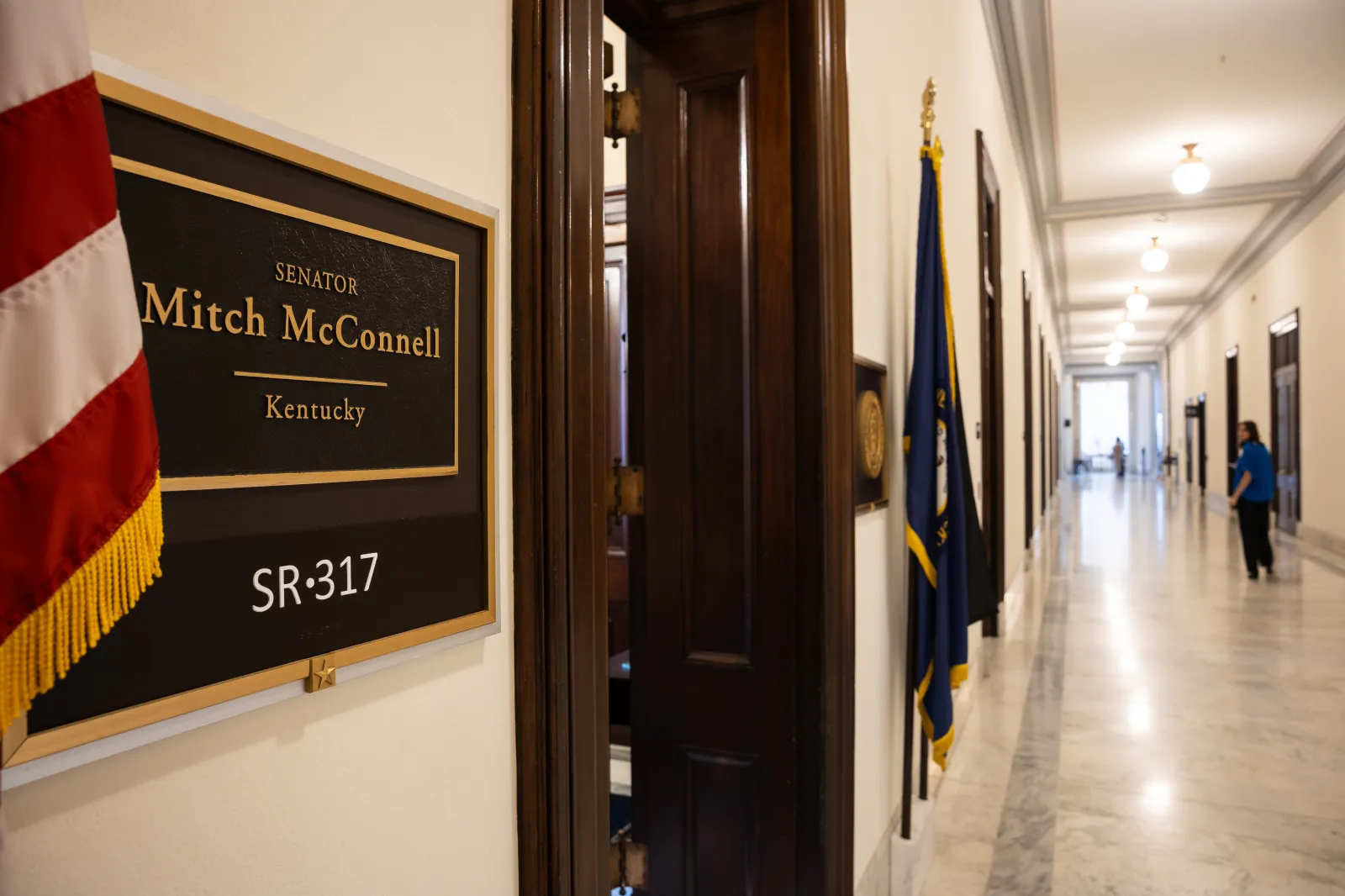 A nameplate is seen outside the office of Sen. Mitch McConnell on Capitol Hill on July 7, 2026.