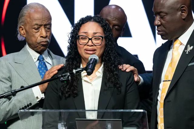 Christine Wonsley, mother of Nolan Wells, reacts as she speaks during a news conference at National Action Network headquarters on July 10, 2026, in New York.