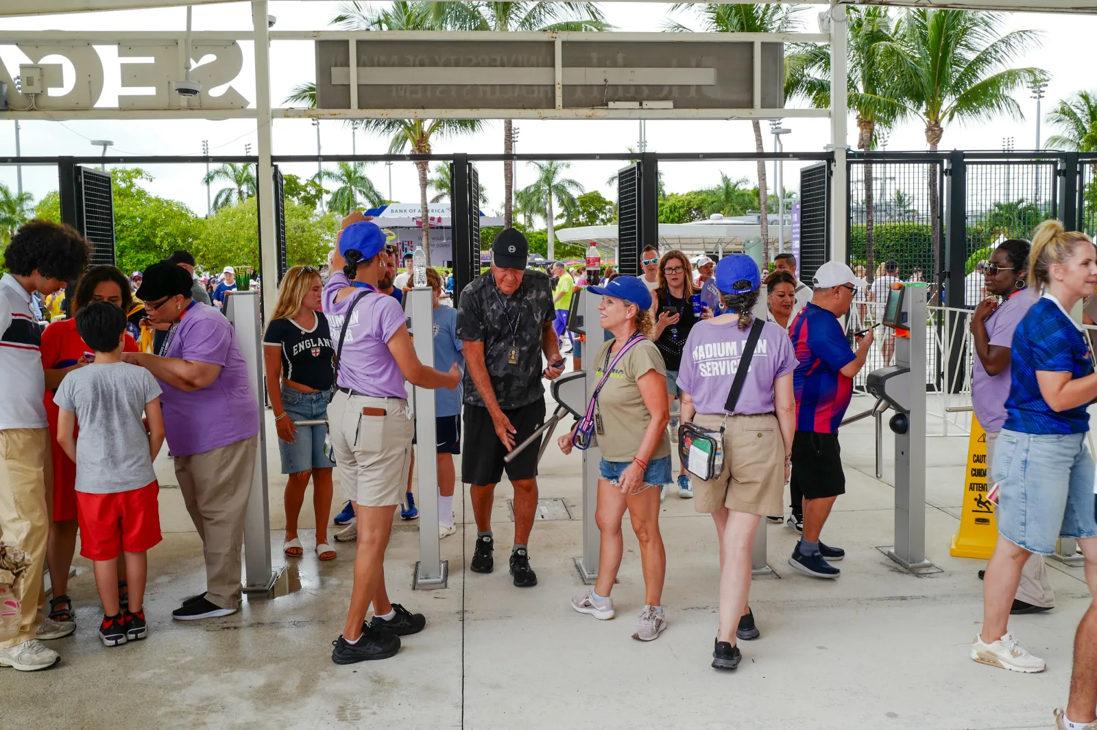 Fans pass through security lines during the FIFA World Cup 2026 Bronze Medal match between France and England at Miami Stadium on July 18. (Alex Menendez via AP)