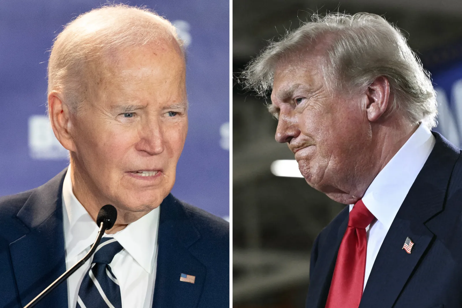 Left: Joe Biden at the Columbia Museum of Art on February 27, 2026, in Columbia, South Carolina. Right: Donald Trump at General Motors' Milford Proving Ground in Milford, Michigan, on July 27, 2026.