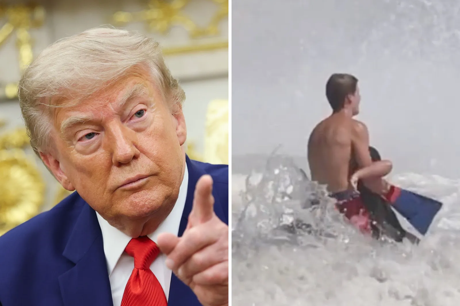 Composite photo showing Donald Trump pointing on the left and teen lifeguard Ryder Williams in rough water on the right