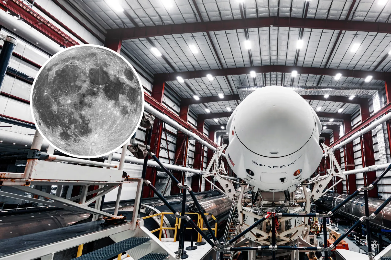 Main image: A SpaceX Falcon 9 rocket. Inset: a close-up of the moon.