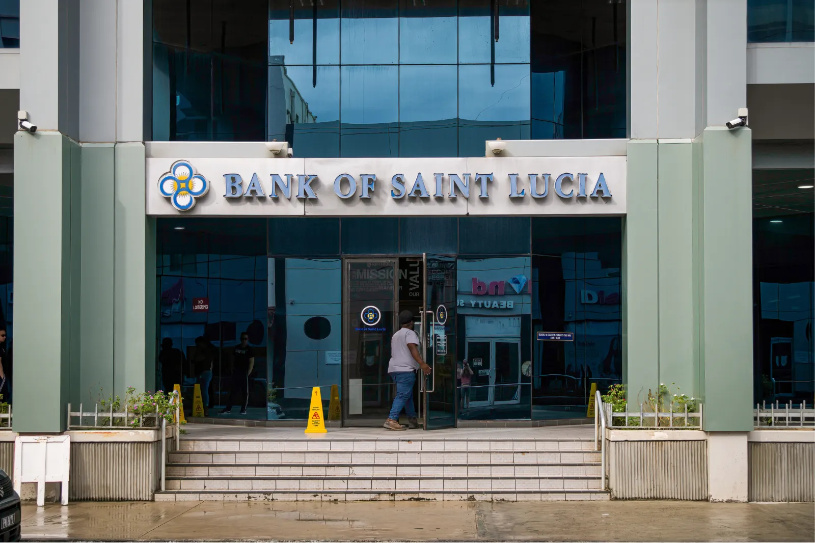 File image: The main entrance of the Bank of Saint Lucia building is seen in downtown Castries in Saint Lucia in 2024.