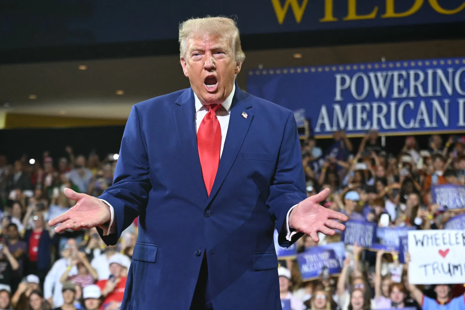 Donald Trump arrives to speak at Wheeler High School in Marietta, Georgia, on July 22, 2026.