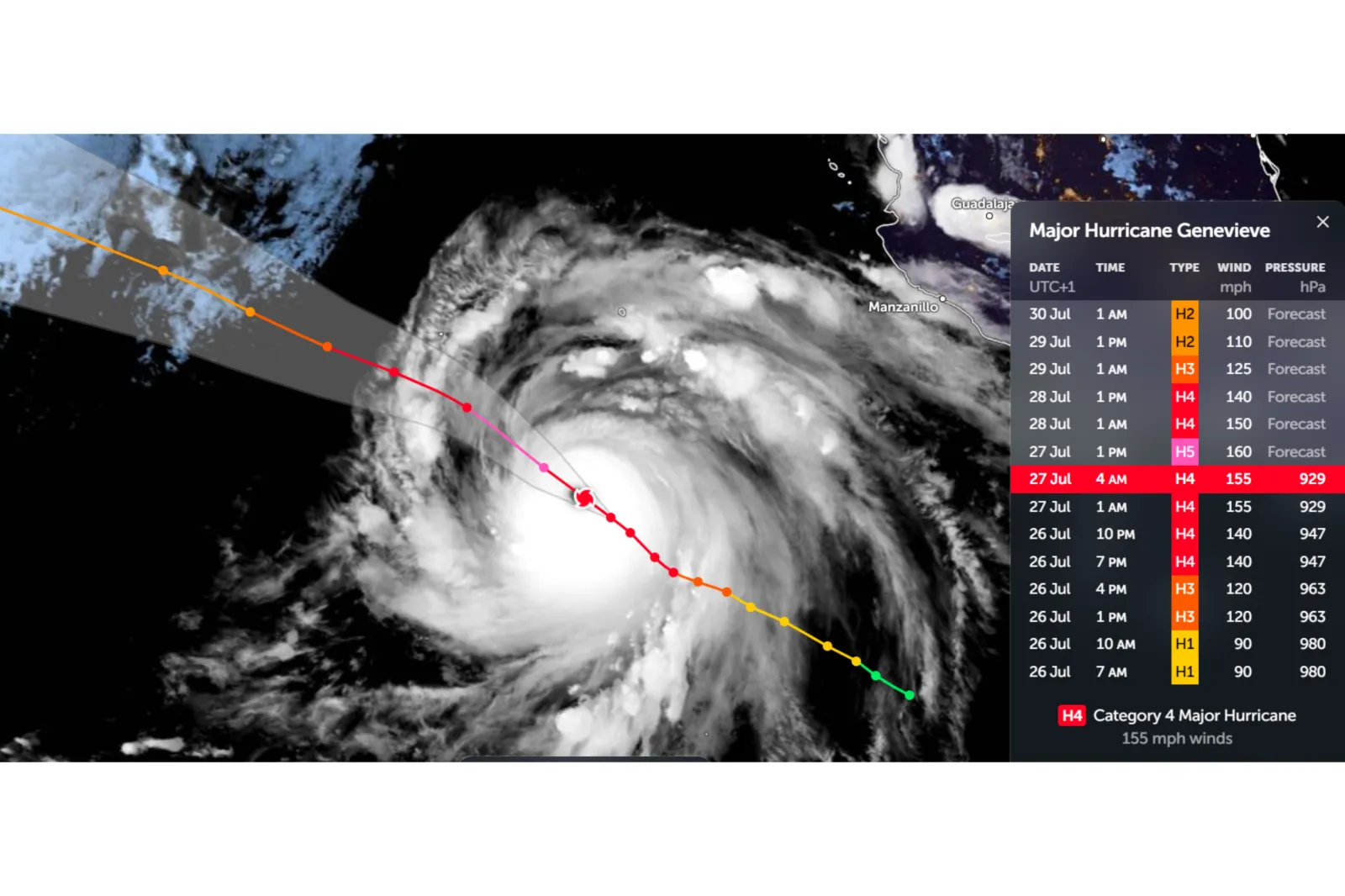Forecast for Major Hurricane Genevieve | Zoom Earth
