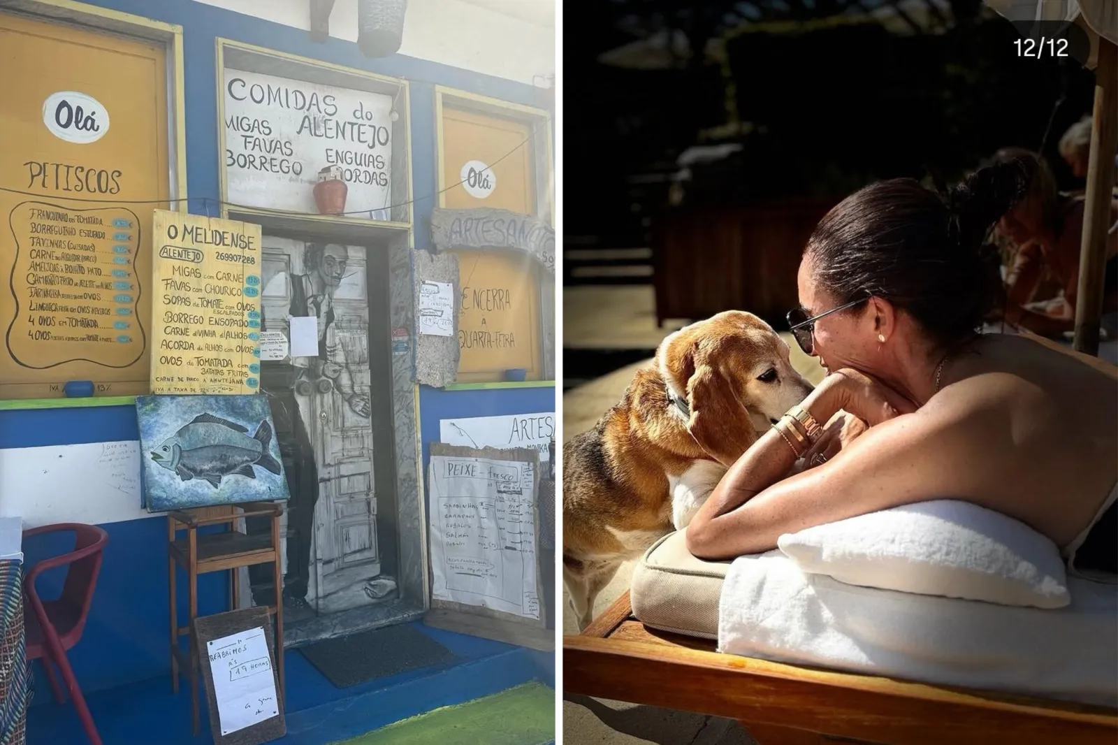 Meghan Markle's photos of O Melidense restaurant in Melides, Portugal (L), and herself on a sun lounger with Charles Spencer visible in the background (R).