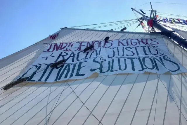 A sailboat operated by the nonprofit Hudson River Sloop Clearwater was removed from the Sail4th 250 Parade of Tall Ships in New York Harbor after displaying banners, according to the organization. (Hudson River Sloop Clearwater)