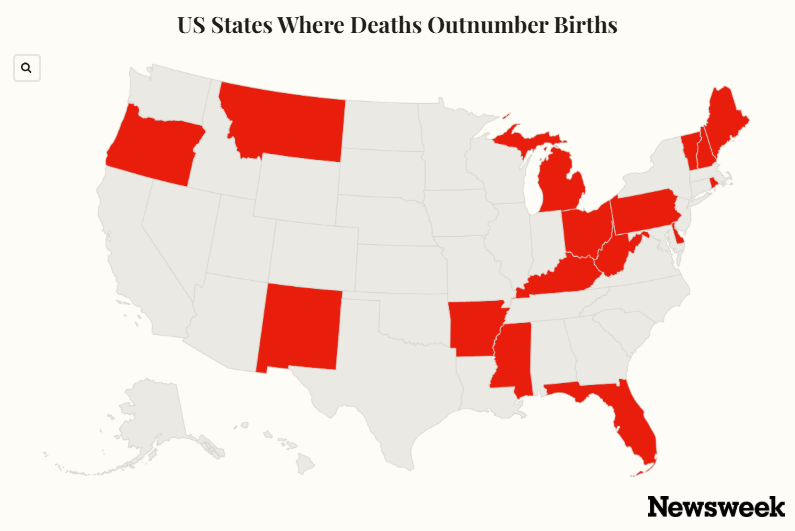 Map Reveals US States Where Deaths Outnumber Births