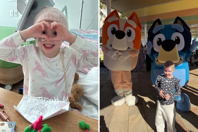 From left: Ayla making a heart with her hands and with Bluey.