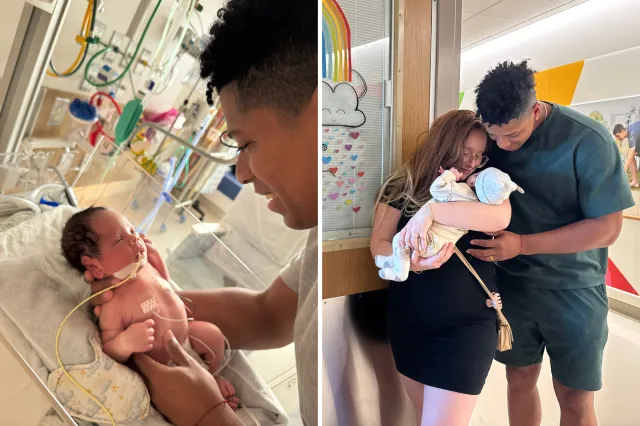 From left: Jordi in hospital and Santos holding him with her husband.