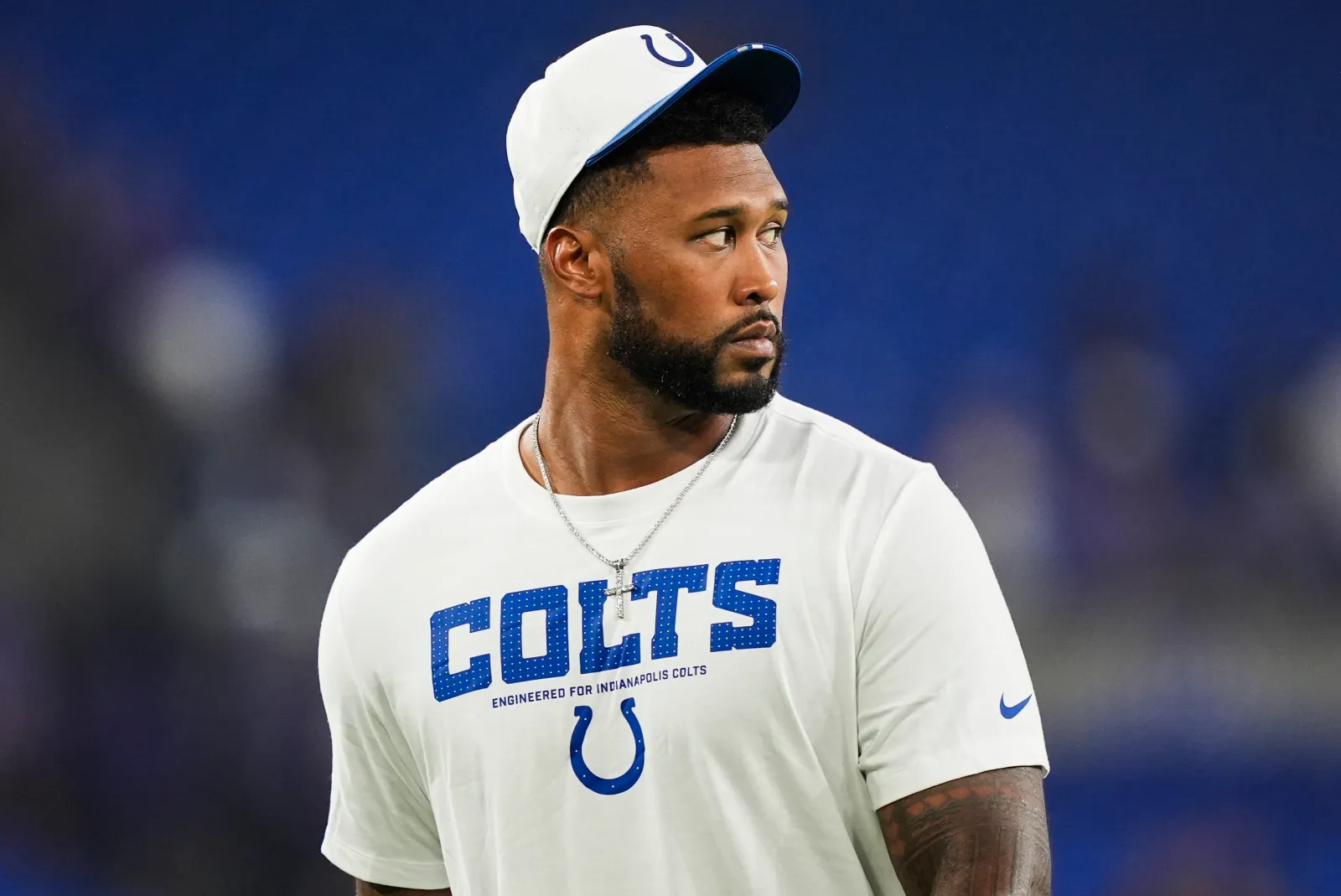 DeForest Buckner #99 of the Indianapolis Colts looks on after an NFL preseason football game against the Baltimore Ravens at M&T Bank Stadium on August 07, 2025 in Baltimore, Maryland. (Photo by Perry Knotts/Getty Images)