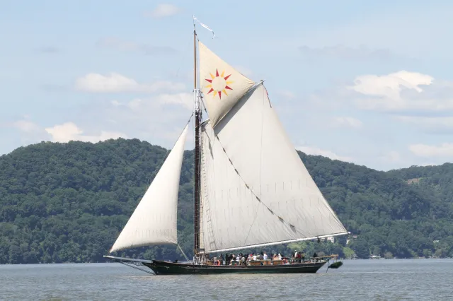 The Hudson River Sloop Clearwater is shown sailing on the Hudson River during an outdoor music festival on June 16, 2012.