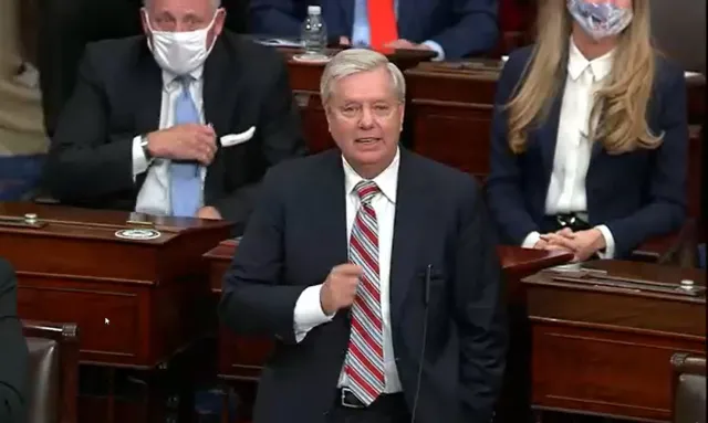 Sen. Lindsey Graham (R-SC) speaks during a Senate debate session to ratify the 2020 presidential election at the U.S. Capitol on January 6, 2021 in Washington, DC. (Photo by congress.gov via Getty Images)