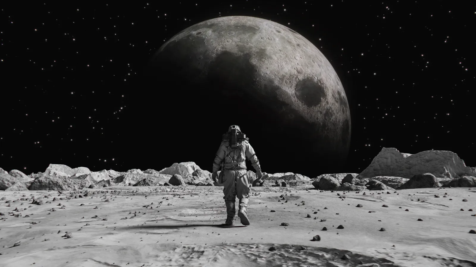 Illustration of an astronaut walking towards the moon on another planet.