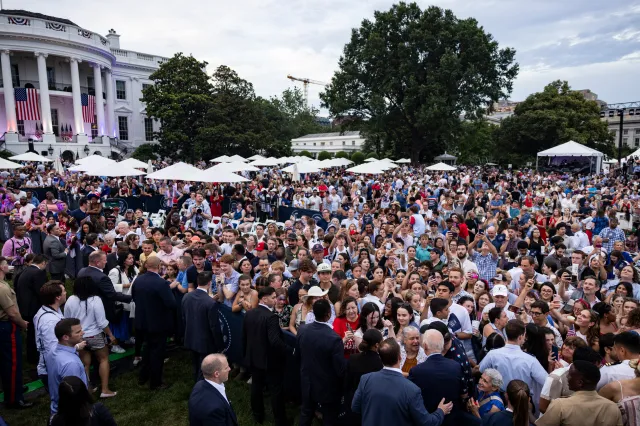 WASHINGTON, DC—JULY 04: President Joe Biden greets guests during a 4th of July event on the South Lawn of the White House on July 4, 2024 in Washington, DC. The President is hosting the Independence Day event for members of the military and their families. (Photo by Samuel Corum/Getty Images)