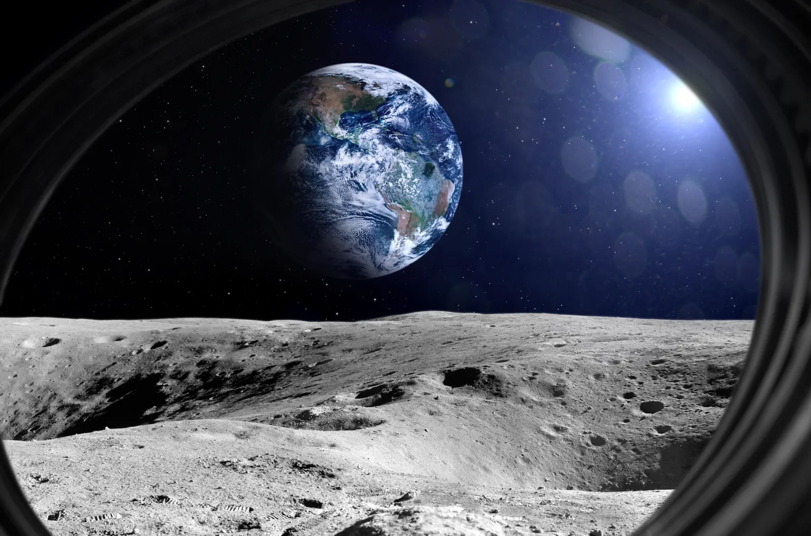 Moon surface and Earth from spaceship porthole.