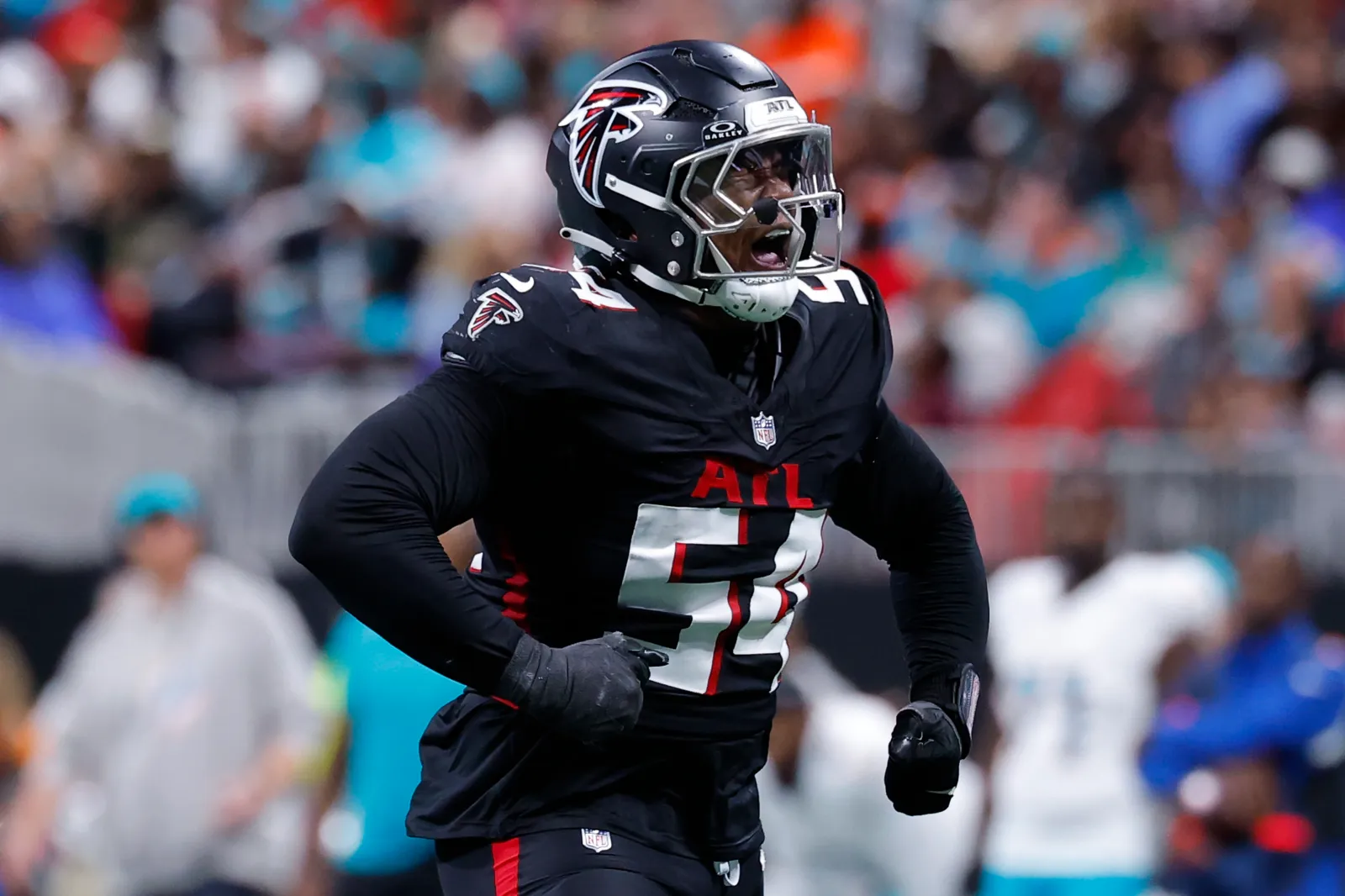 Brandon Dorlus #54 of the Atlanta Falcons reacts after a stop during the third quarter of the NFL 2025 game between Miami Dolphins and Atlanta Falcons at Mercedes-Benz Stadium on October 26, 2025 in Atlanta, United States. (Photo by Todd Kirkland/Getty Images)