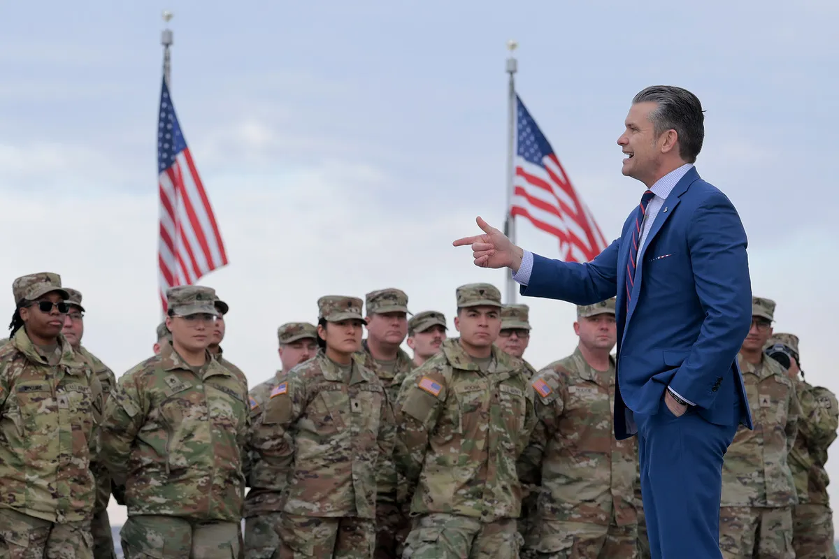 Defense Secretary Pete Hegseth addresses a group of National Guard troops in Washington, D.C., on February 6, 2026.