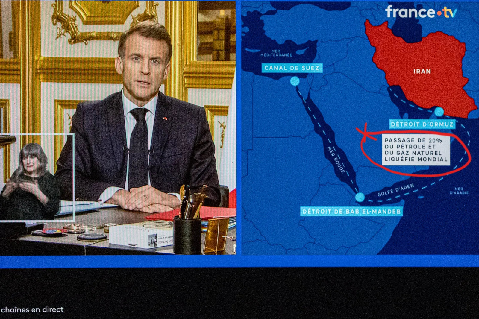 A television broadcast shows French President Emmanuel Macron, left, delivering a national address, alongside a map highlighting Iran and the shipping choke points of the Suez Canal, Bab al-Mandeb and Strait of Hormuz, in Paris, on March 3.