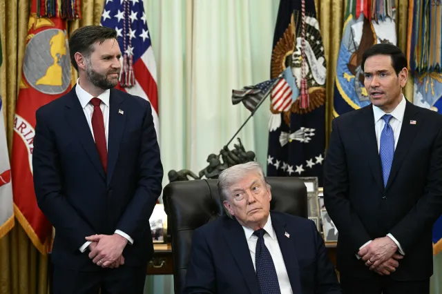 TOPSHOT - (L-R) US Vice President JD Vance and US President Donald Trump listen to US Secretary of State Marco Rubio speak during a meeting with Lebanon Ambassador to the US and Israel Ambassador to the US, at the White House in Washington, DC on April 23, 2026. US President Donald Trump met Lebanese and Israeli envoys at a new round of peace talks Thursday, with Beirut seeking a one-month extension of a shaky ceasefire set to expire. (Photo by Brendan SMIALOWSKI / AFP via Getty Images)