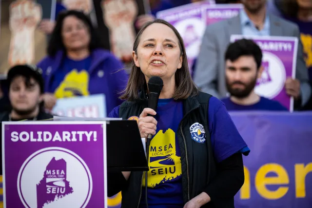 Shenna Bellows speaks during a May Day rally organized by local unions, on May 1, 2026 outside City Hall in Portland, Maine.