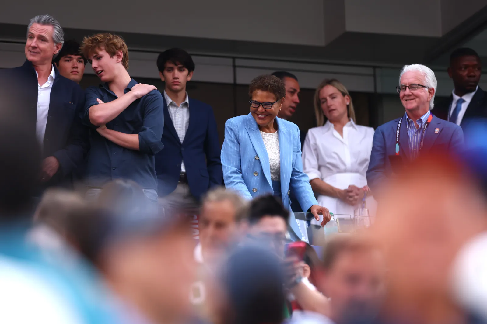 California Governor Gavin Newsom and Los Angeles Mayor Karen Bass attend the FIFA World Cup 2026 Group D match between USA and Paraguay at Los Angeles Stadium on June 12 in Inglewood, California. (Photo by Dean Mouhtaropoulos/Getty Images)