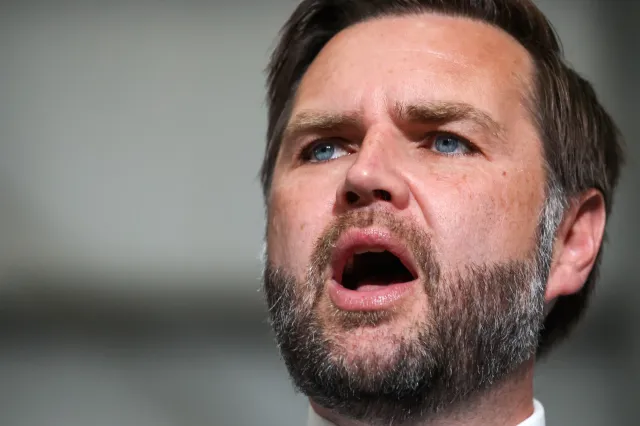 MILWAUKEE, WISCONSIN - JULY 08: U.S. Vice President JD Vance speaks at the 128th Air Refueling Wing Hangar on July 08, 2026 in Milwaukee, Wisconsin. Vance traveled to Milwaukee to deliver remarks on the Trump administration's anti-fraud initiatives. (Photo by Scott Olson/Getty Images)