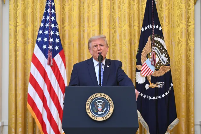 U.S. President Donald Trump addresses the nation from the East Room of the White House on July 16, 2026 in Washington, DC. Trump is expected to speak on election security.